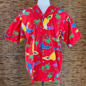 Vtg Brigade Red Toucan Parrot Hawaiian Shirt